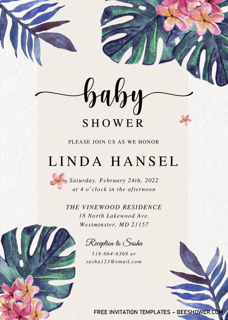 Modern Tropical Baby Shower Invitation Templates - Editable With MS Word and has green monstera leaves