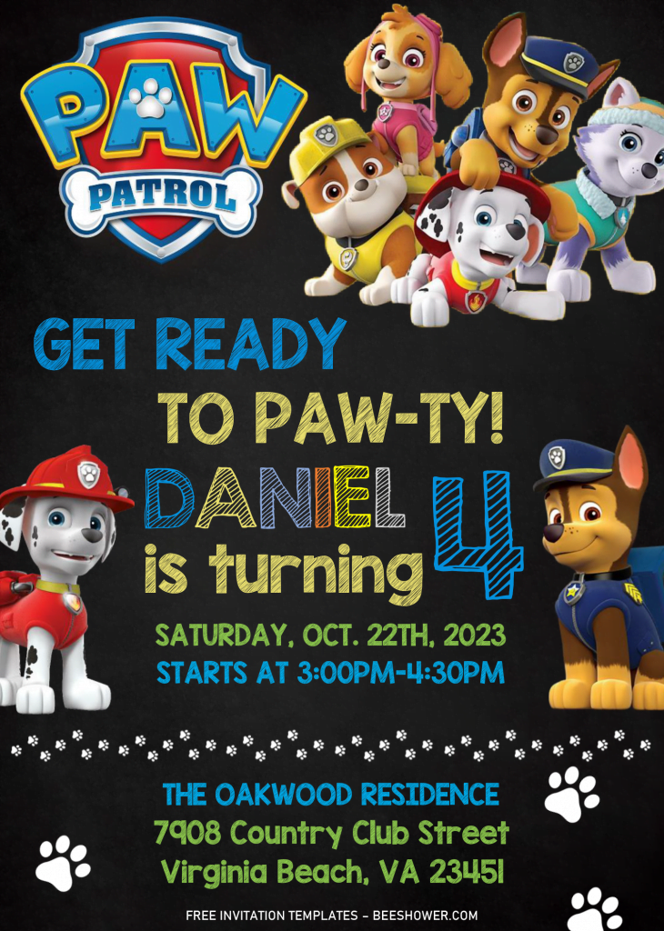 Paw Patrol Baby Shower Invitation Templates - Editable With MS Word and has blackboard background design