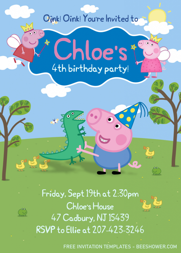Peppa Pig Baby Shower Invitation Templates - Editable .Docx and has Cartoon dinosaur and Birthday Hat