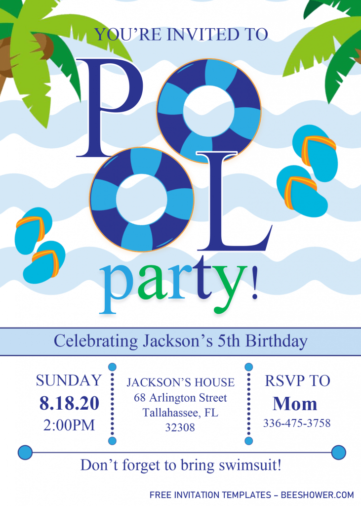 Pool Party Invitation Templates - Editable .Docx and has cartoon palm leaves