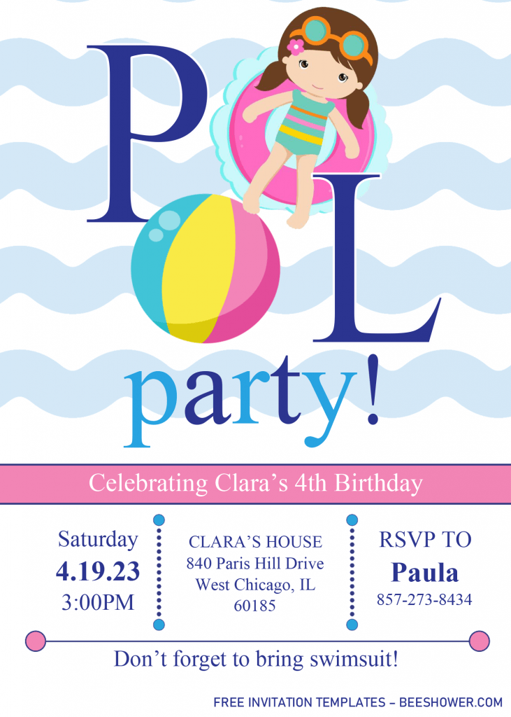 Pool Party Invitation Templates - Editable .Docx and has colorful pool ball and swimming ring