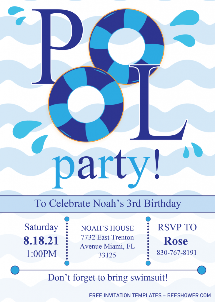 Pool Party Invitation Templates - Editable .Docx and has wave background