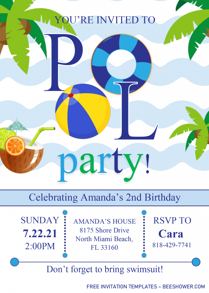 Pool Party Invitation Templates - Editable .Docx and has white and blue background