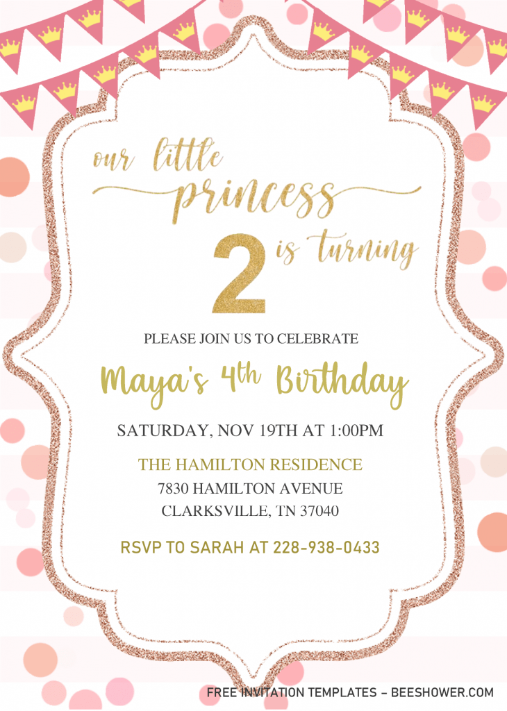 Glitter Princess Baby Shower Invitation Templates - Editable With MS Word and has bracket frame and bunting flags