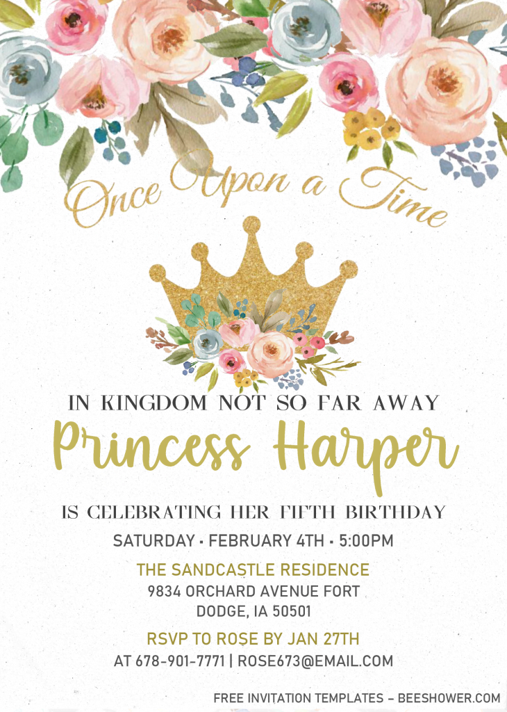 Princess Birthday Invitation Templates - Editable .Docx and has gold fonts