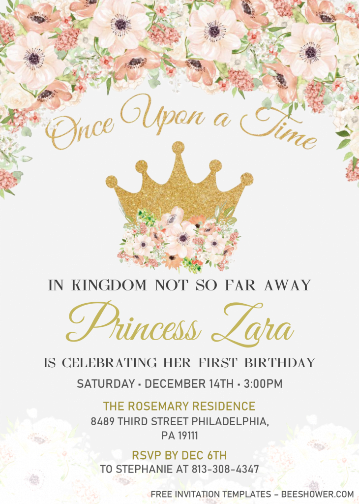 Princess Birthday Invitation Templates - Editable .Docx and has gold crown