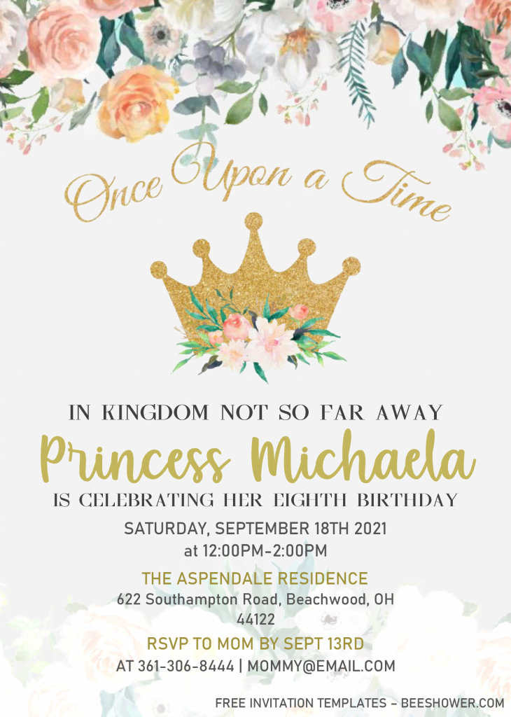 Princess Birthday Invitation Templates - Editable .Docx and has portrait orientation