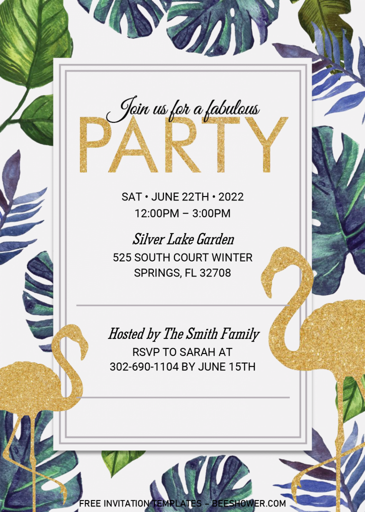 Summer Party Invitation Templates - Editable With Microsoft Word and has gold flamingos