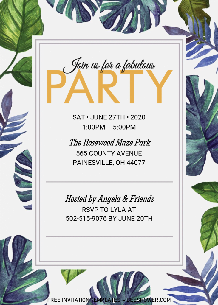 Summer Party Invitation Templates - Editable With Microsoft Word and has white rectangle box