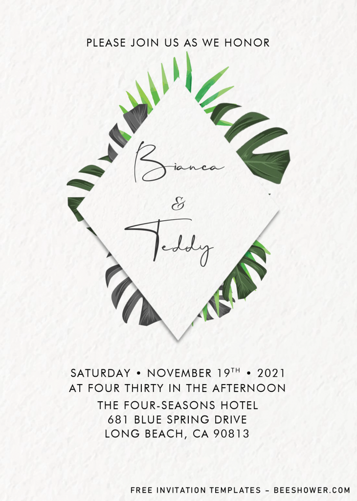 Classy Tropical Baby Shower Invitation Templates - Editable .Docx and has green monstera leaves