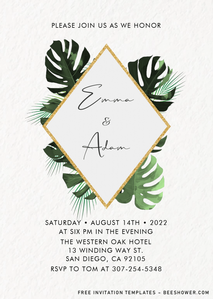 Classy Tropical Baby Shower Invitation Templates - Editable .Docx and has gold rhombus text box