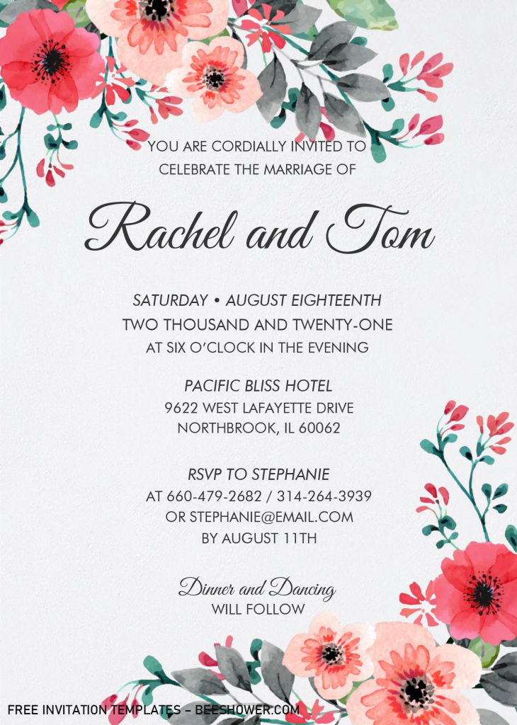Watercolor Floral Invitation Templates - Editable With MS Word and has white background