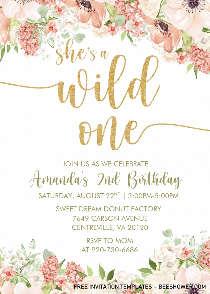 Wild One Floral Baby Shower Invitation Templates - Editable With MS Word and has blush pink and gold floral