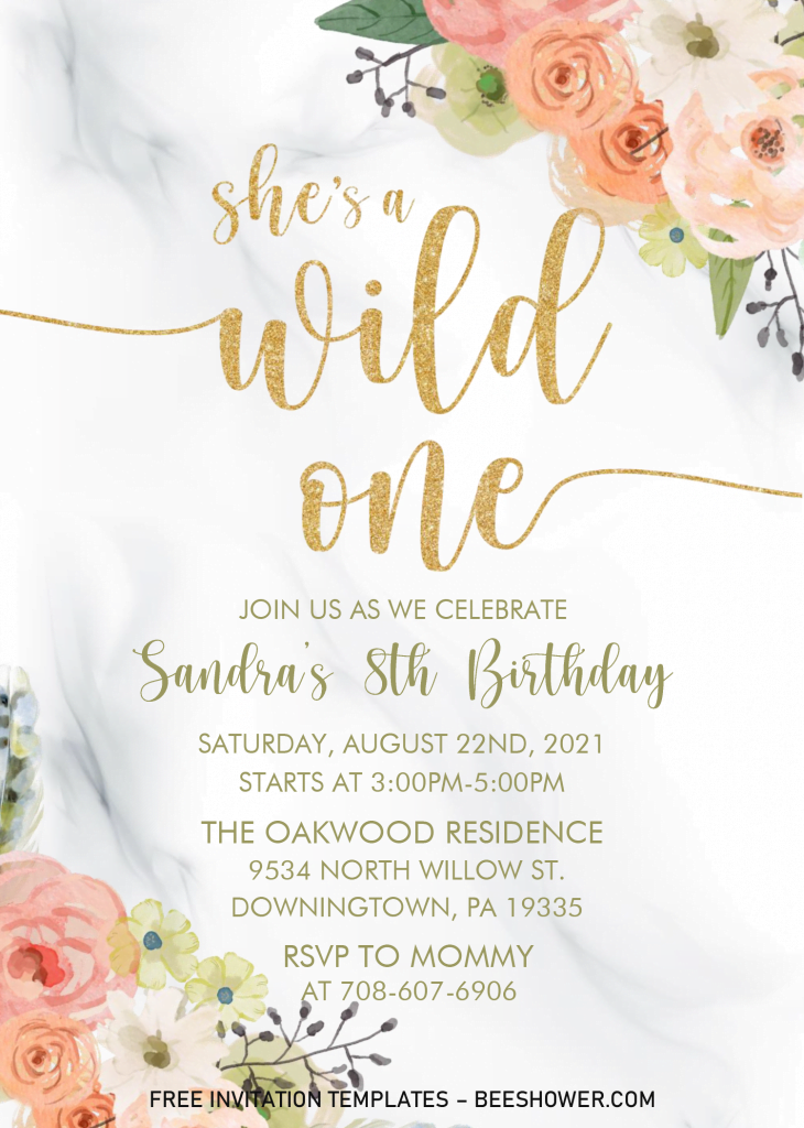 Wild One Floral Baby Shower Invitation Templates - Editable With MS Word and has white marble background