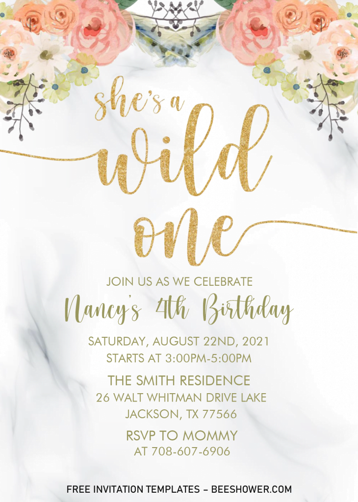 Wild One Floral Baby Shower Invitation Templates - Editable With MS Word and has portrait orientation