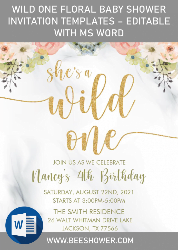 Wild One Floral Baby Shower Invitation Templates - Editable With MS Word