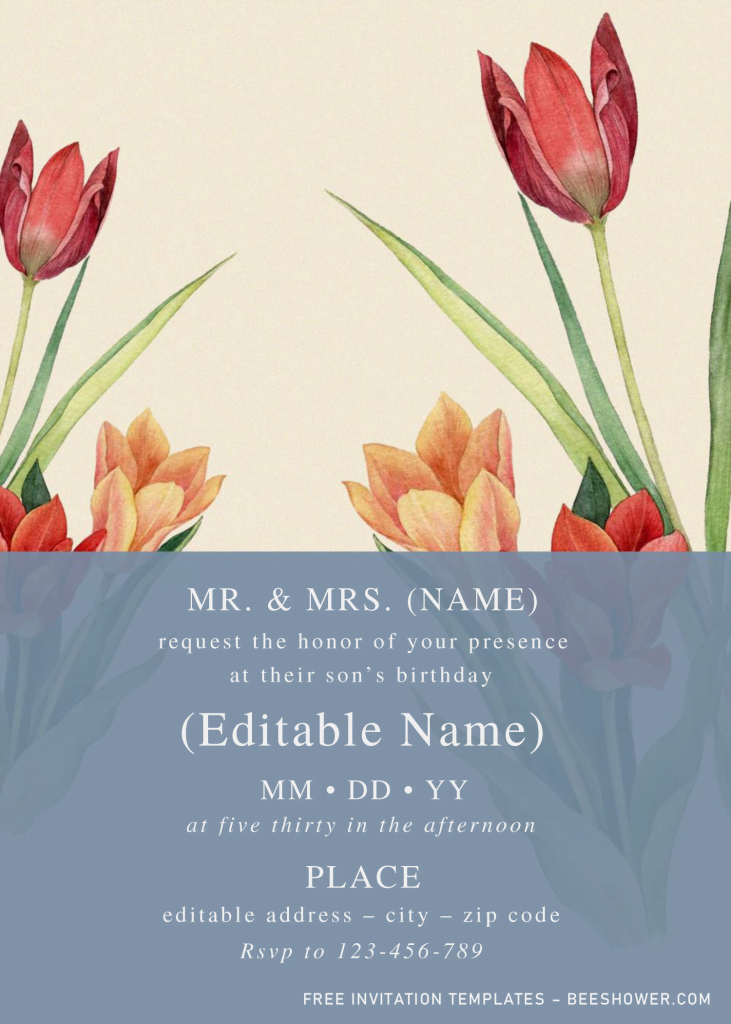 Spring Floral Baby Shower Invitation Templates - Editable .Docx and has watercolor tulips