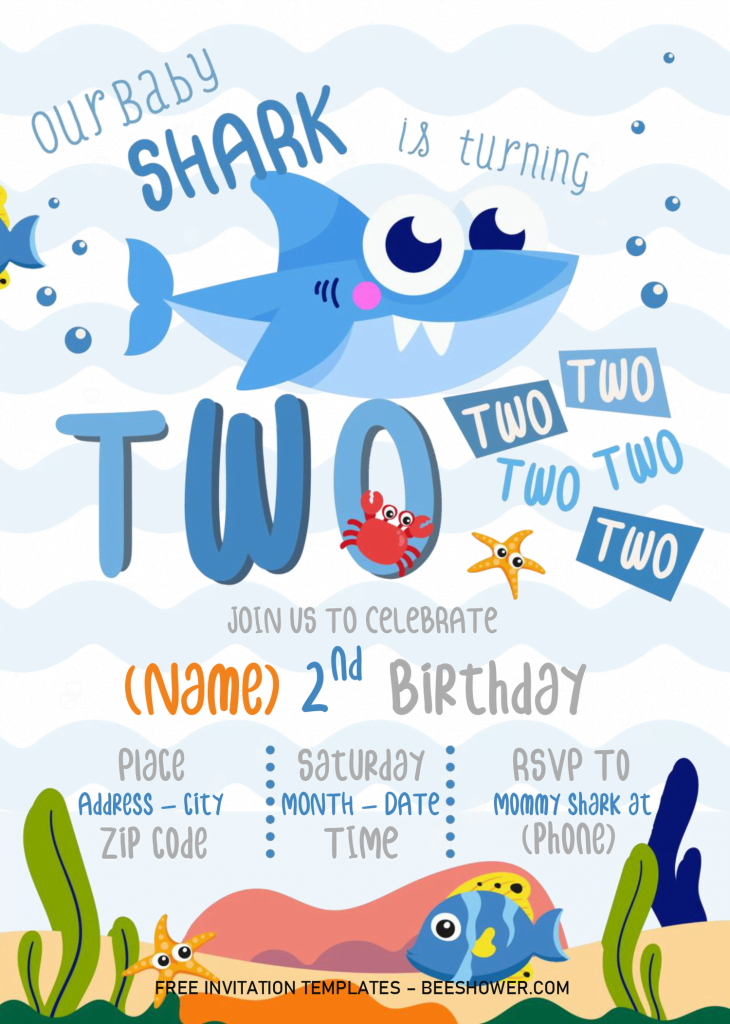 Baby Shark Baby Shower Invitation Templates - Editable With Microsoft Word and has blue wave