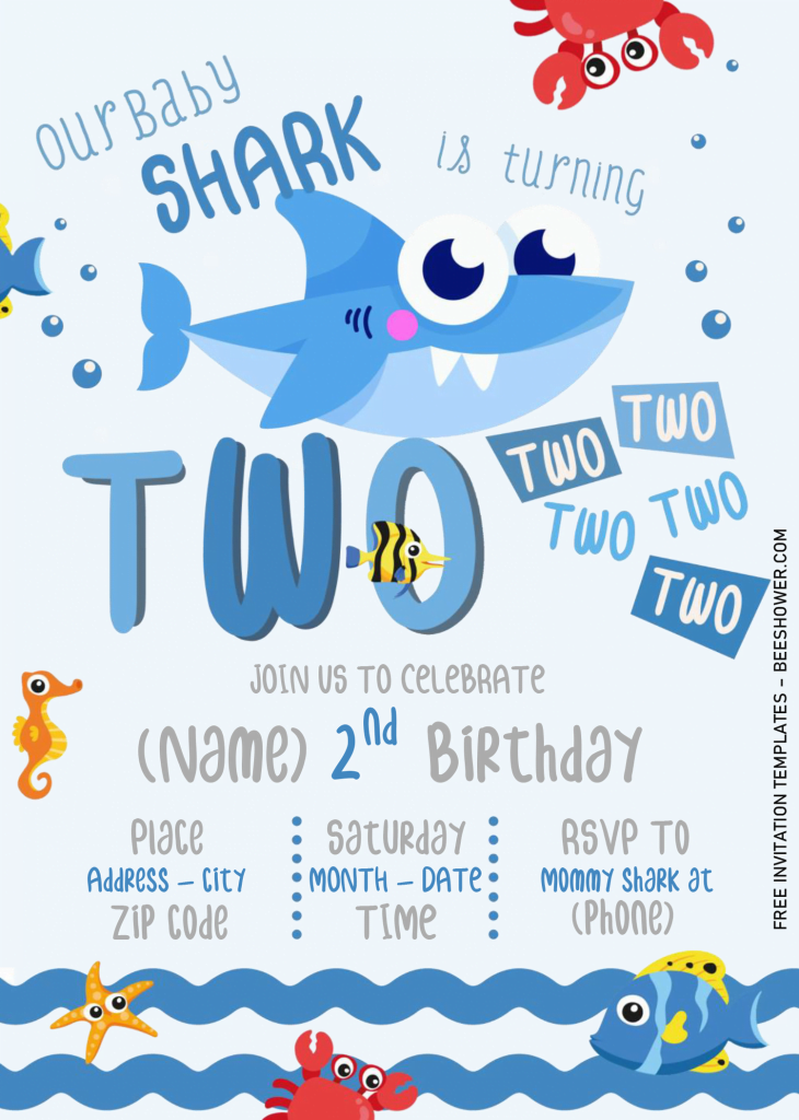 Baby Shark Baby Shower Invitation Templates - Editable With Microsoft Word and has cute crab and starfish
