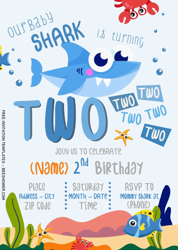 Baby Shark Baby Shower Invitation Templates - Editable With Microsoft Word and has blue baby shark