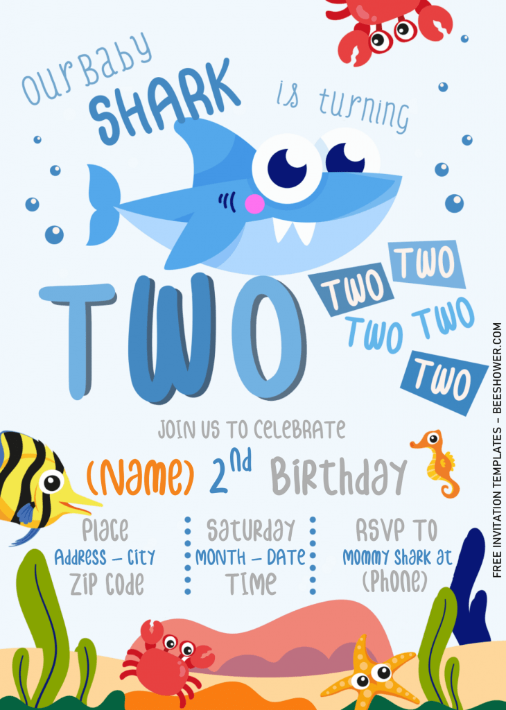 Baby Shark Baby Shower Invitation Templates - Editable With Microsoft Word and has portrait design