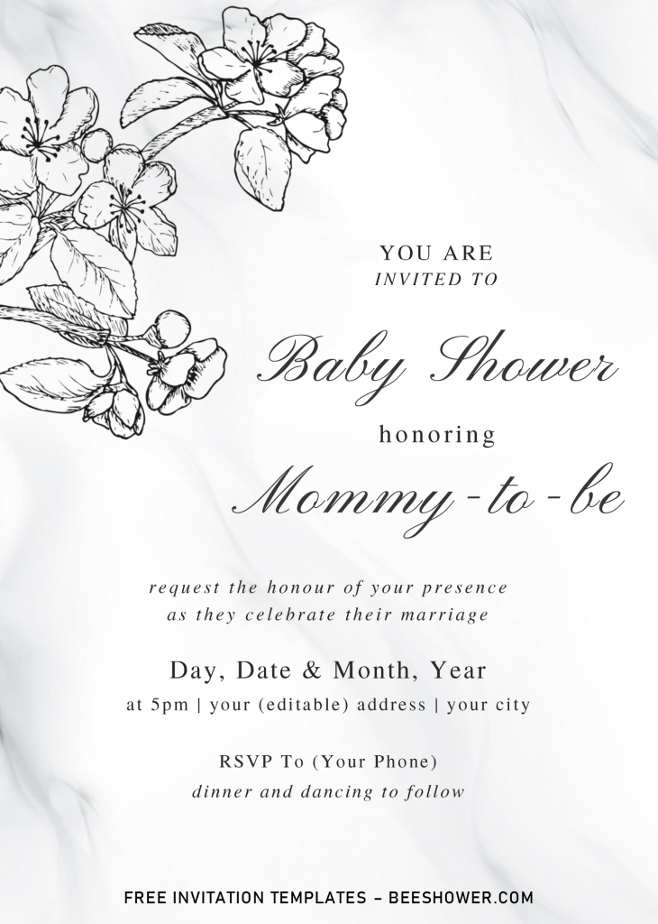 Botanical Branches Baby Shower Invitation Templates - Editable .Docx and has elegant font styles and white marble background
