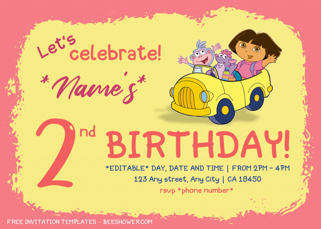 Dora The Explorer Baby Shower Invitation Templates - Editable .Docx and has dora and boots