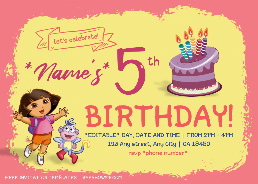 Dora The Explorer Baby Shower Invitation Templates - Editable .Docx and has birthday cake