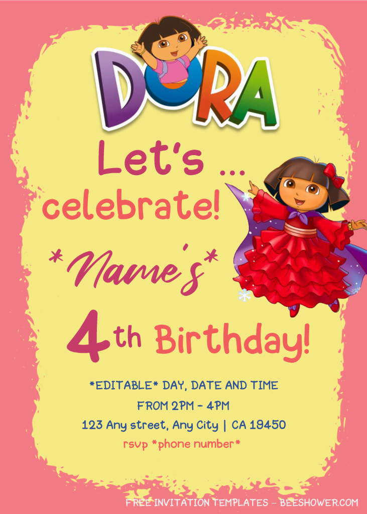 Dora The Explorer Baby Shower Invitation Templates - Editable .Docx and has dora logo