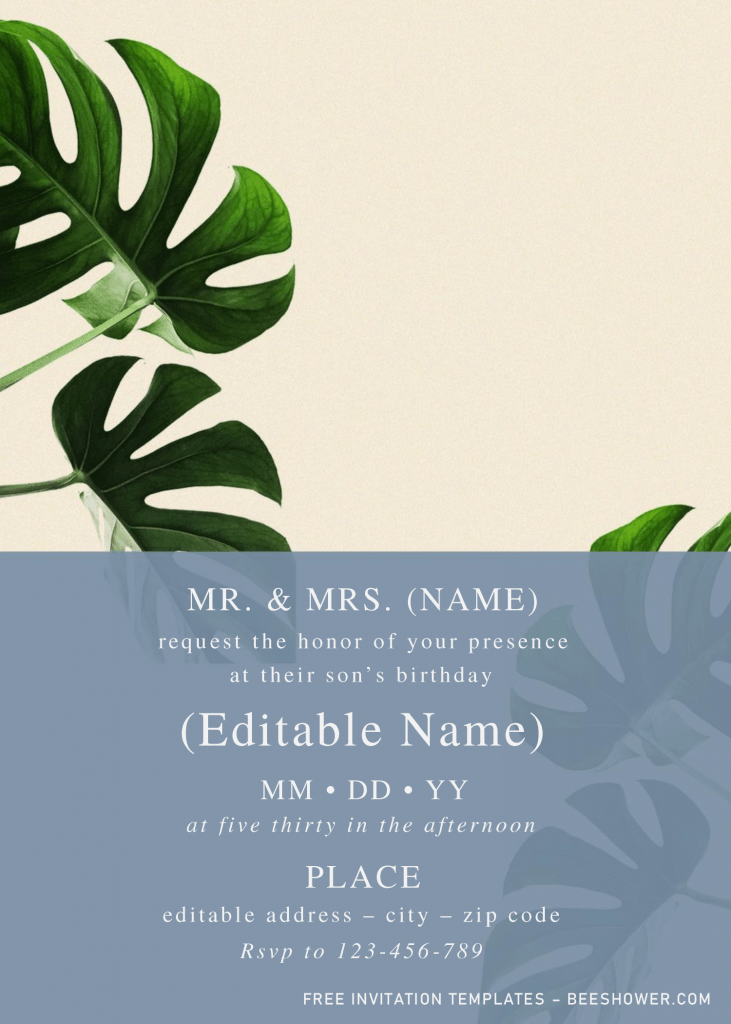 Spring Floral Baby Shower Invitation Templates - Editable .Docx and has green monstera leaves