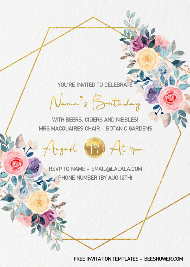 Gold Geometric Baby Shower Invitation Templates - Editable .Docx and has gold geometric frame