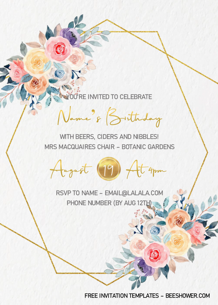 Gold Geometric Baby Shower Invitation Templates - Editable .Docx and has watercolor floral