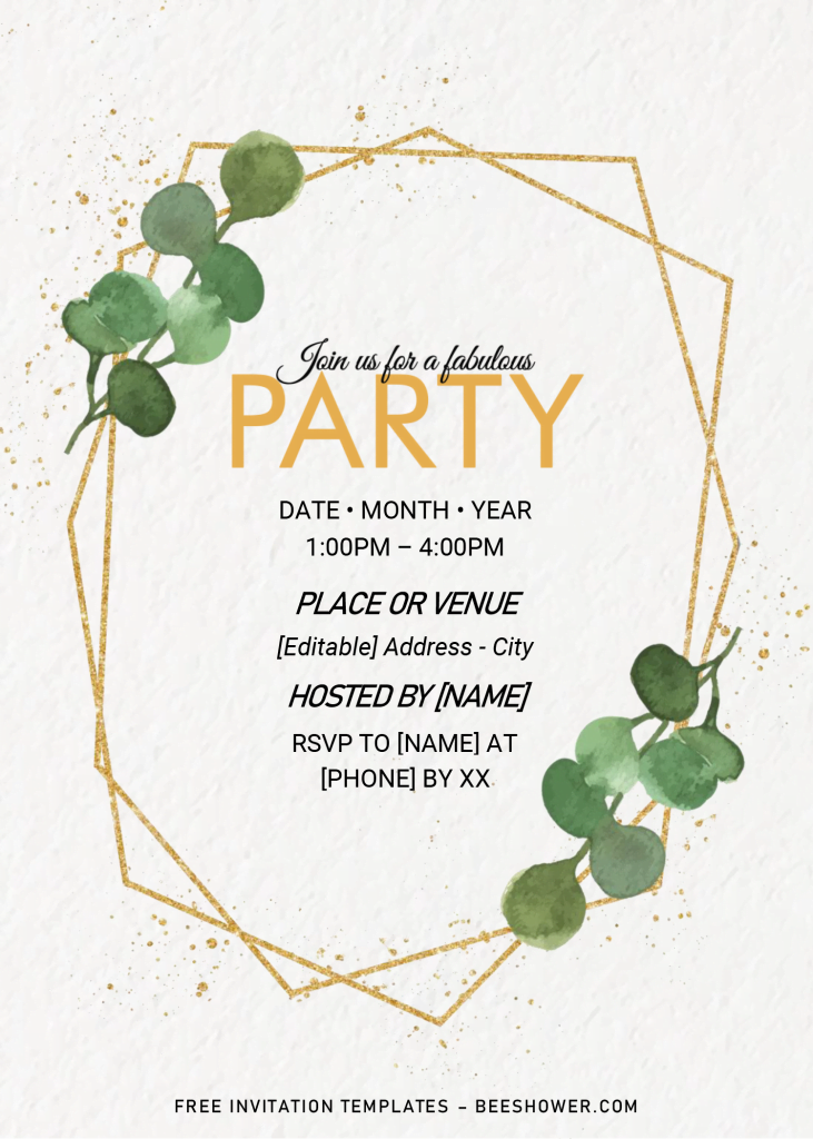 Greenery Gold Geometric Invitation Templates - Editable .Docx and has geometric frame in gold glitter finished