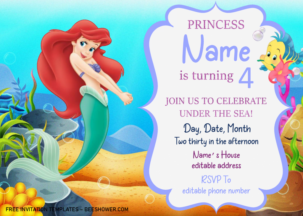 Little Mermaid Baby Shower Invitation Templates - Editable .Docx and has ariel and flounder