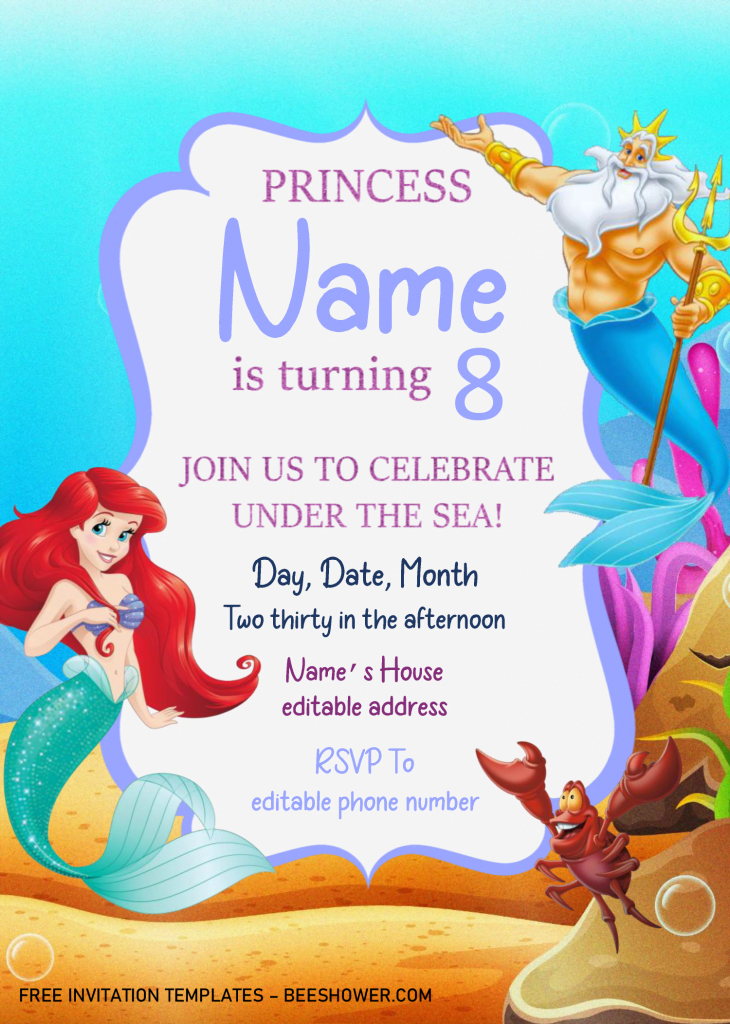 Little Mermaid Baby Shower Invitation Templates - Editable .Docx and has under the sea background
