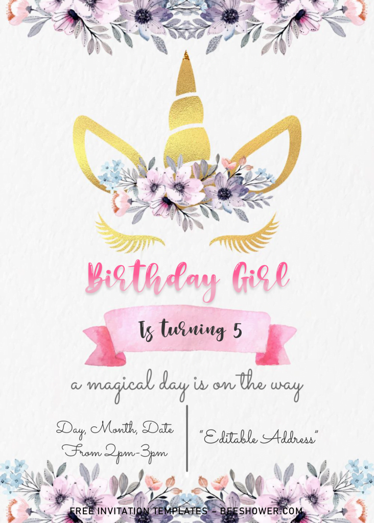 Magical Unicorn Baby Shower Invitation Templates - Editable With MS Word and has watercolor flowers
