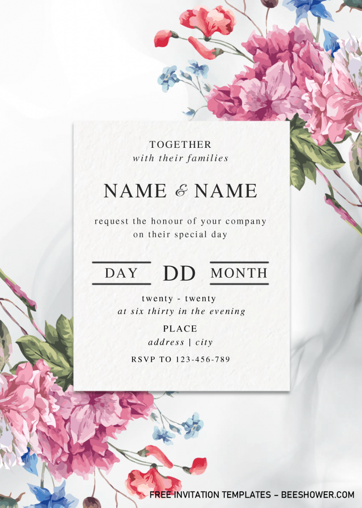 Modern Floral Baby Shower Invitation Templates - Editable With MS Word and has white marble background