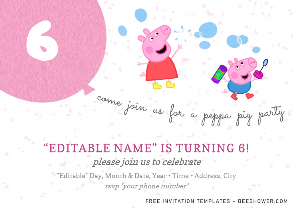 Peppa Pig Baby Shower Invitation Templates - Editable With Microsoft Word and has Peppa playing bubbles