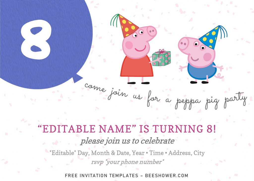 Peppa Pig Baby Shower Invitation Templates - Editable With Microsoft Word and has peppa wearing birthday hat