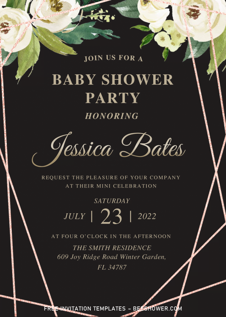 Rose Gold Geometric Baby Shower Invitation Templates - Editable .Docx and has blush pink flowers