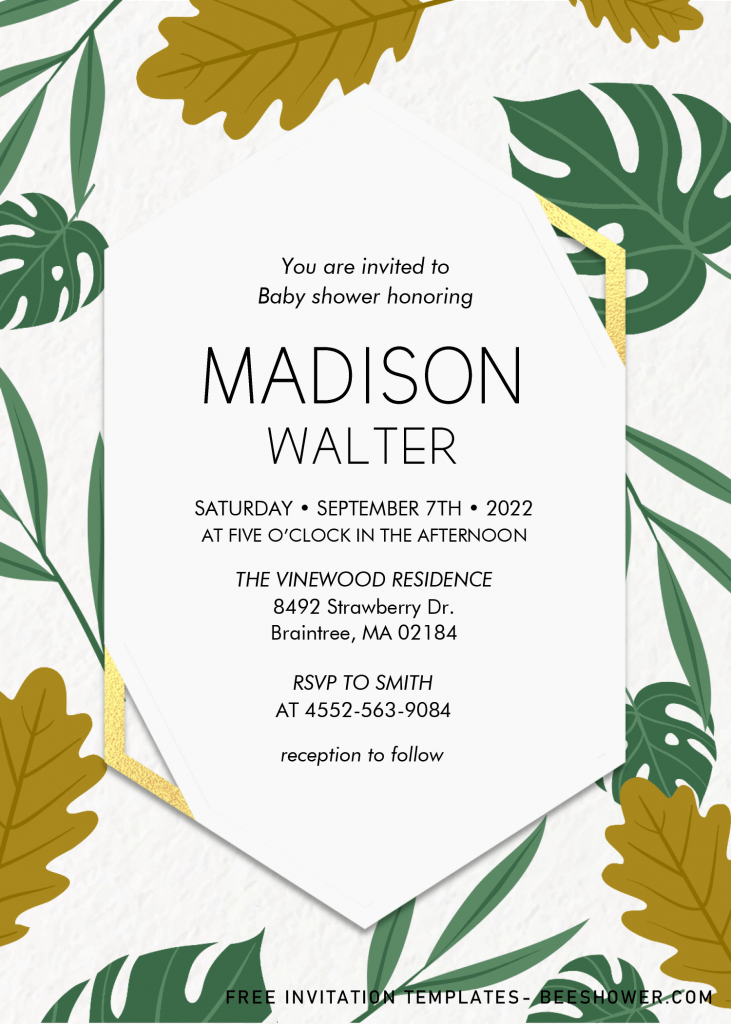 Tropical Leaves Baby Shower Invitation Templates - Editable With MS Word and has white canvas style background