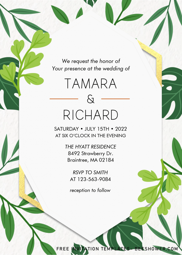Tropical Leaves Baby Shower Invitation Templates - Editable With MS Word and has exotic green leaves