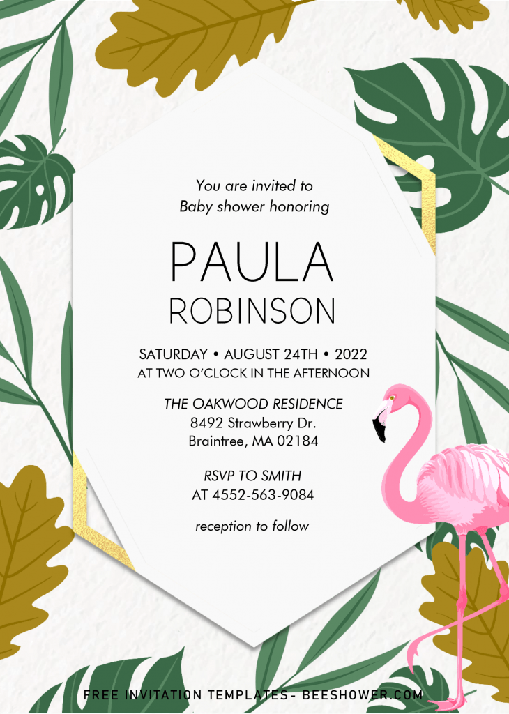 Tropical Leaves Baby Shower Invitation Templates - Editable With MS Word and has white hexagon shaped text box and pink flamingo