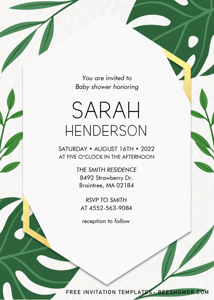 Tropical Leaves Baby Shower Invitation Templates - Editable With MS Word and has gold hexagon