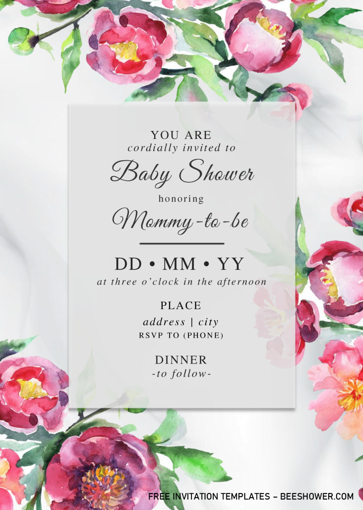 Watercolor Peony Baby Shower Invitation Templates - Editable With MS Word and has white marble background