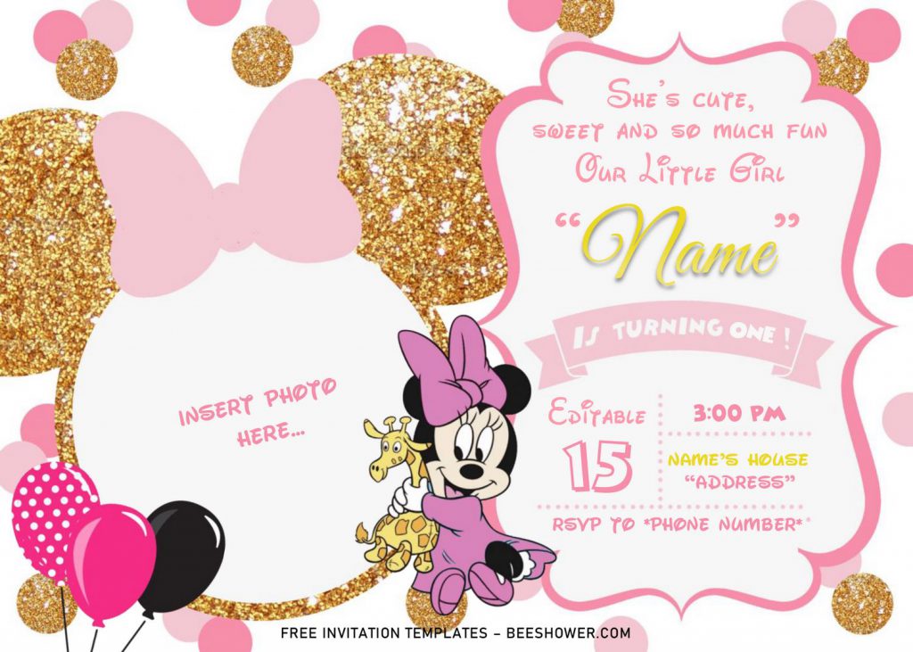Pink And Gold Glitter Minnie Mouse Baby Shower Invitation Templates - Editable .Docx and has adorable Minnie playing with her doll