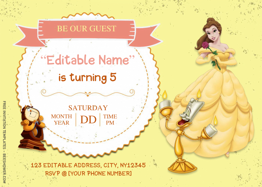 Beauty And The Beast Baby Shower Invitation Templates - Editable With MS Word and has lumiere and cogsworth