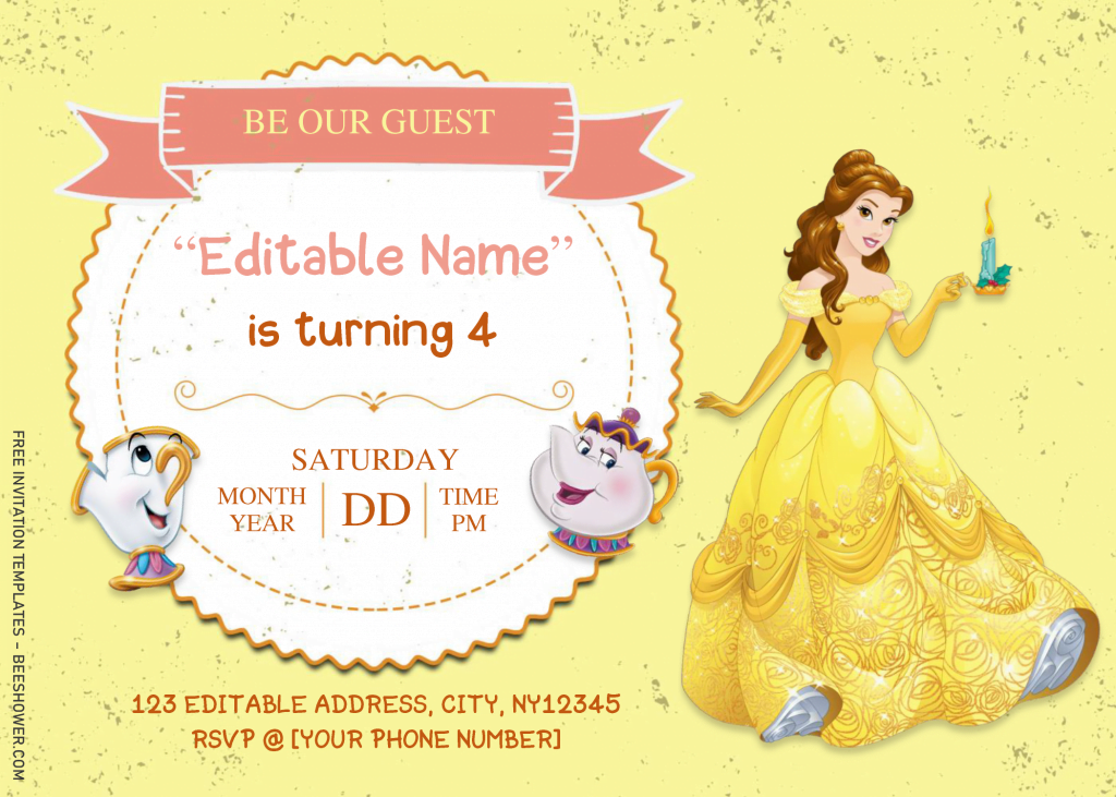 Beauty And The Beast Baby Shower Invitation Templates - Editable With MS Word and has mrs teapot and chip