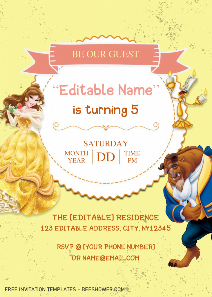 Beauty And The Beast Baby Shower Invitation Templates - Editable With MS Word and has portrait design