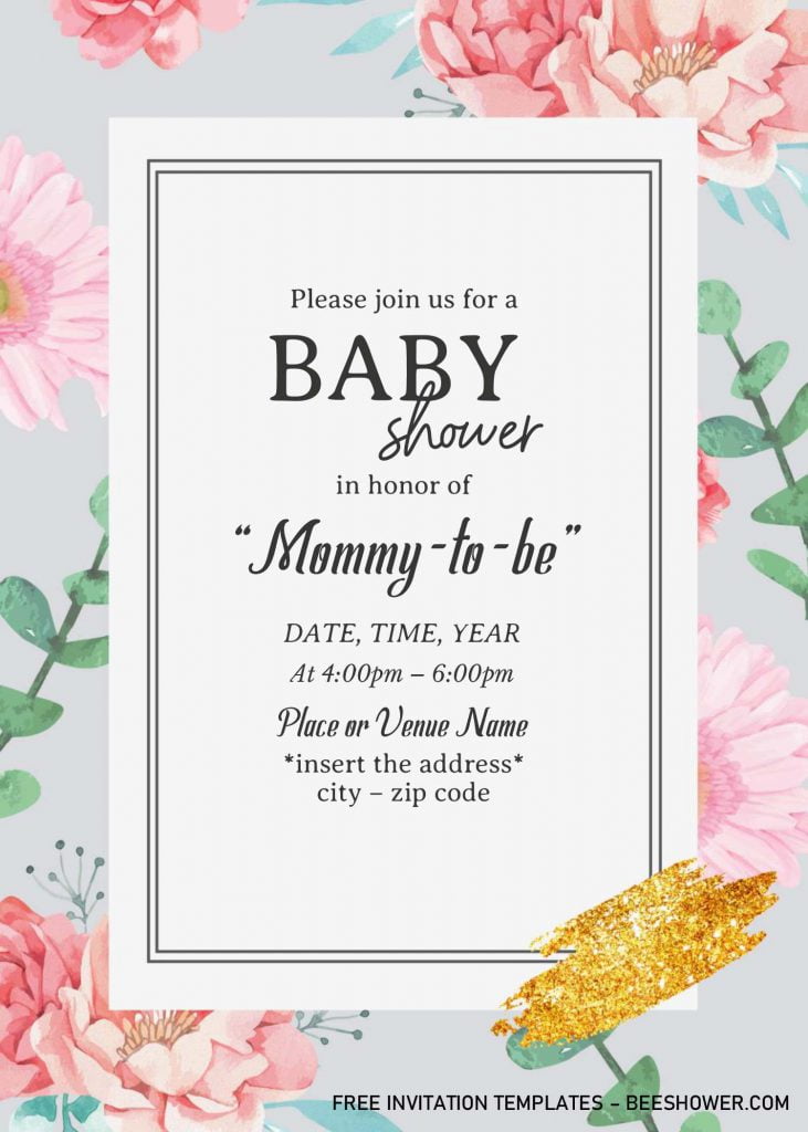 Blush Watercolor Baby Shower Invitation Templates - Editable With MS Word and has gold glitter brushstroke